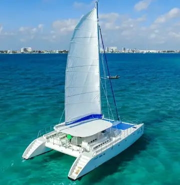 bow view of catamaran maines over blue sea