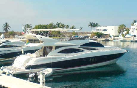 side view of sunseeker yacht in docks